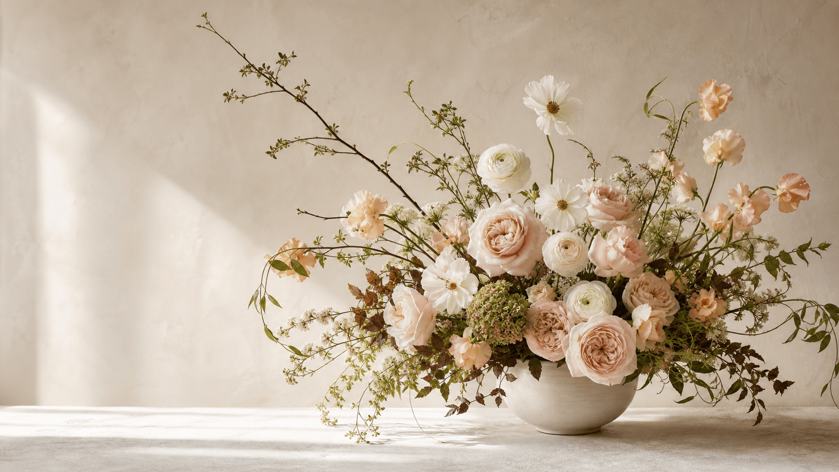 Soft peach and ivory garden flowers in a ceramic vessel